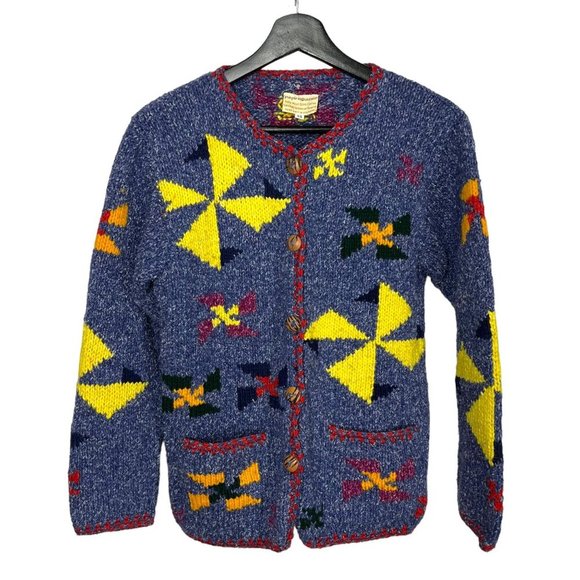 Purple Mountain Blue Windmill Pattern Knit Button Up Wool Blend Cardigan Small - Picture 1 of 6